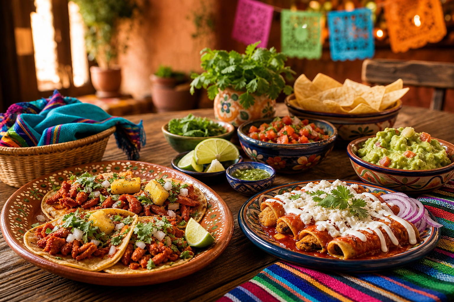 Mesa con comida mexicana, tacos, salsas y platos tradicionales